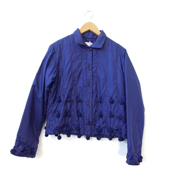 Blue Navy Down Jacket Women Large Packable Western Pom Pom Italy NWT ASPESI $565 - Picture 2 of 14